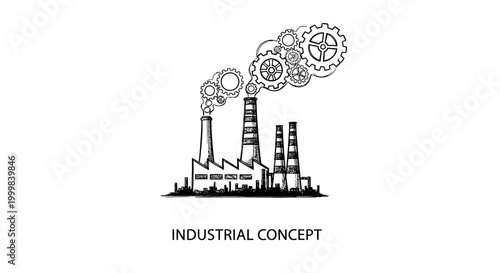 Sketch illustration of a factory building with gears emitting from smoke stacks.