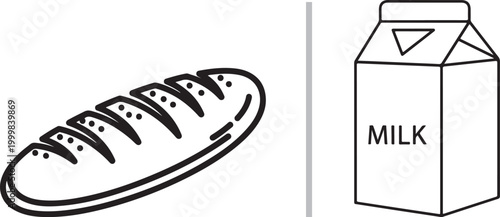 Minimalist vector line art illustration of a bread loaf and milk carton isolated on white background