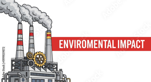 Industrial factory complex with smoking chimneys and gears representing environmental impact.