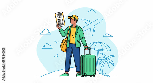 Man holding airplane ticket and luggage.