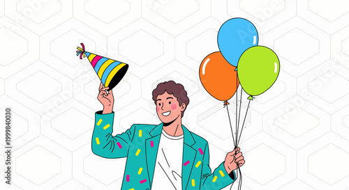 Man Holding Balloons and Party Hat.