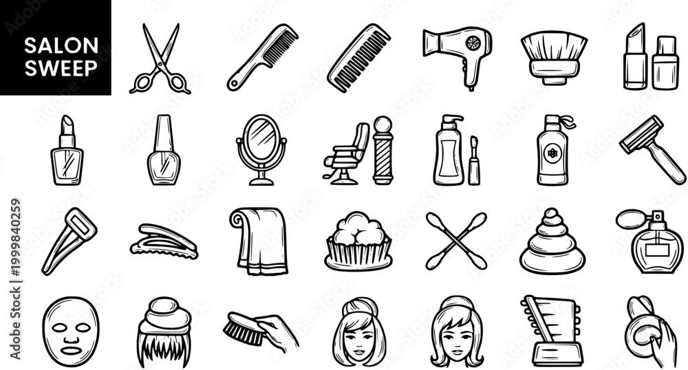 Fototapeta premium Black and White Line Art Icons of Salon and Beauty Equipment, Vector Illustrations
