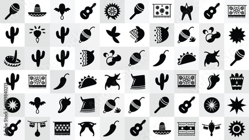 Diverse collection of black mexican fiesta icons on a clean grid layout showcasing cultural symbols for celebrations and decorations perfect for digital and print design projects