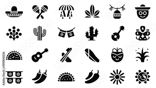 Vibrant mexican fiesta icon set sombrero maracas guitar taco cactus chili pepper fiesta banner and festive elements for celebration and culture
