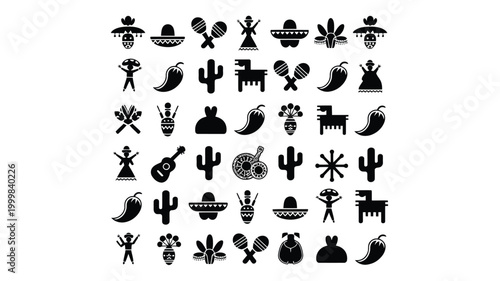Collection of mexican cultural icons and symbols in a grid layout featuring sombreros maracas cacti guitars and traditional attire rendered in a clean modern graphic design style