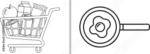 Vector line art illustration of a shopping cart with groceries and a frying pan with a fried egg isolated on white background