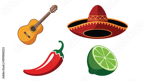Vibrant collection of mexican cultural icons including a spanish guitar traditional sombrero spicy red chili pepper and a fresh lime slice perfect for festive celebrations