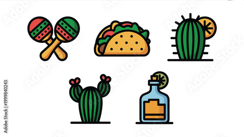 Vibrant mexican fiesta icons maracas taco cactus and tequila bottle celebrating cinco de mayo and cultural festivities with festive colors and playful design elements