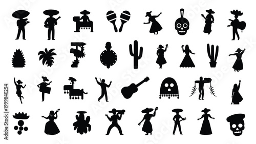 Vibrant collection of mexican cultural icons and symbols in silhouette featuring mariachi musicians dancers sombreros maracas cacti sugar skulls and traditional attire perfect