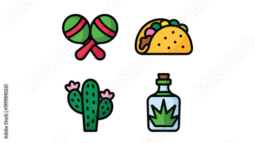 Vibrant mexican fiesta icons arranged in a clean 2x2 grid maracas taco cactus and tequila bottle representing culture and celebration