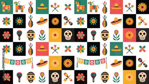 Vibrant mexican fiesta pattern with traditional symbols skulls sombreros pinatas maracas and flowers on a checkerboard background celebrating day of the dead and cultural