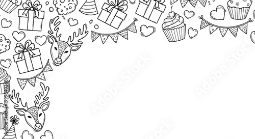 Hand drawn doodle border frame with reindeer gifts and party elements.