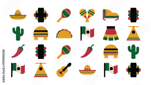 Vibrant mexican culture icons collection sombrero cactus chili pepper guitar maracas taco flag skirt and traditional patterns on white background festive and colorful graphic