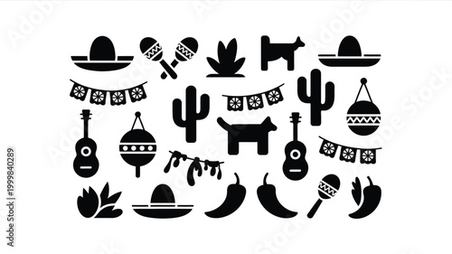 Vibrant mexican fiesta icons collection sombrero hats maracas guitars cacti chili peppers and festive bunting for celebrations culture and design elements on white background