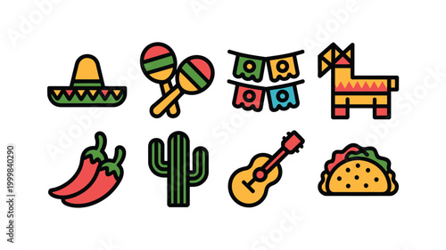Vibrant collection of stylized mexican cultural icons including a sombrero maracas festive bunting pinata chili peppers cactus guitar and taco isolated on a clean white background