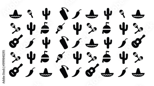 Vibrant mexican fiesta icons pattern sombrero cactus chili pepper guitar maracas and pinata create a festive and colorful graphic design element for celebrations culture