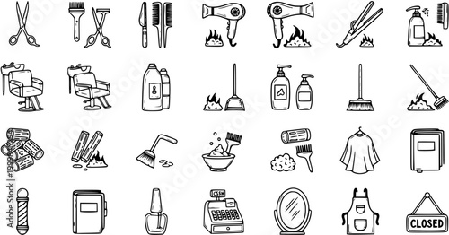 Black and White Line Art Icons for Hair Salon and Beauty Industry: Tools, Furniture, and Supplies