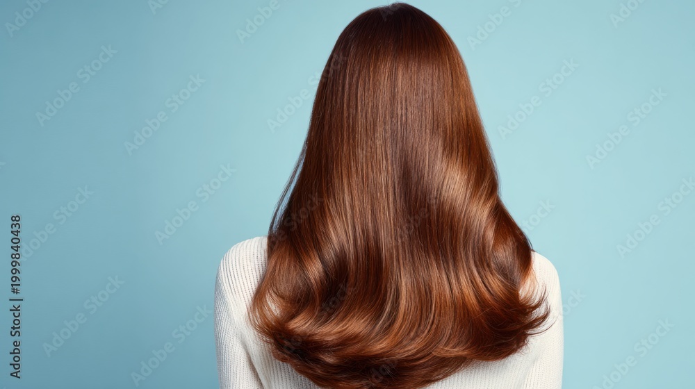 Fototapeta premium Woman with long, rich, and shiny brown hair facing away against blue background