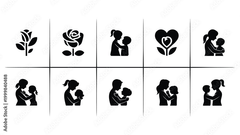 Fototapeta premium Mother and child love icons set black silhouettes on white background symbolizing family bond and care