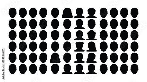 Diverse group of simple black silhouette heads arranged in a grid pattern highlighting distinct figures with unique profiles and hairstyles against a clean white background