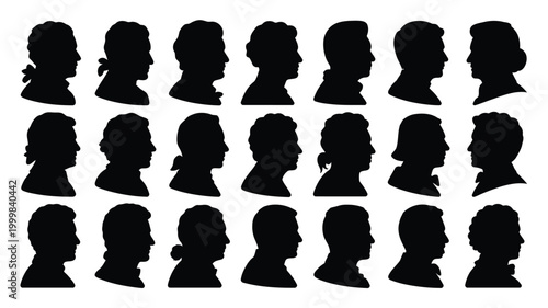 Collection of diverse historical silhouette portraits showcasing distinct hairstyles and facial features against a clean white background representing ancestry and identity