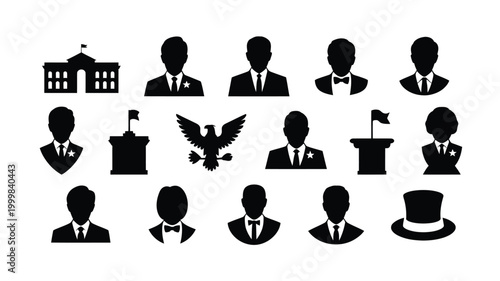 Collection of minimalist black silhouette icons representing government politics and leadership including presidential buildings orators eagles and formal attire ideal for civic