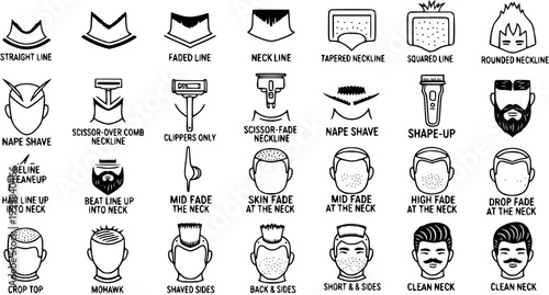 Black and White Line Art Icons of Men's Haircuts and Beard Styles