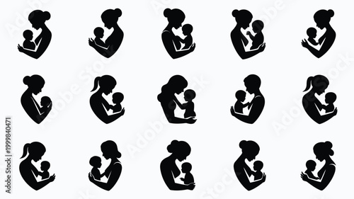 Set of black silhouettes of mothers holding babies in various poses on a grid background