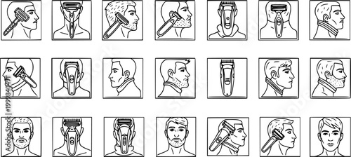 Men's Grooming Black  White Line Art Icons Set with Razors and Electric Shavers for Personal Care and Hygiene