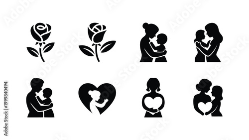 Mother and child silhouettes with heart and rose symbols for love and family concepts