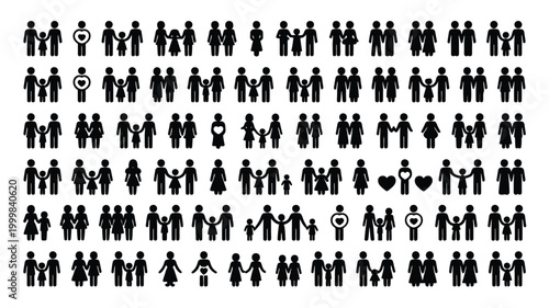 Silhouette icon set depicting family love and relationships in various poses and interactions on white background