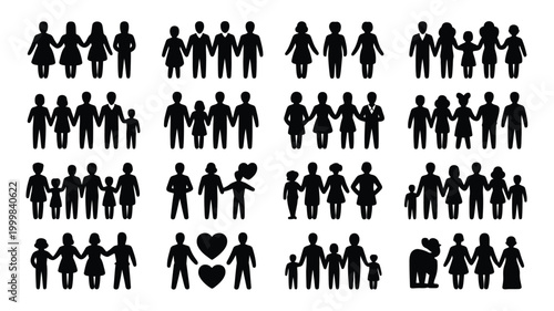 Family love silhouette icon set with diverse people arrangements and heart symbols on white background