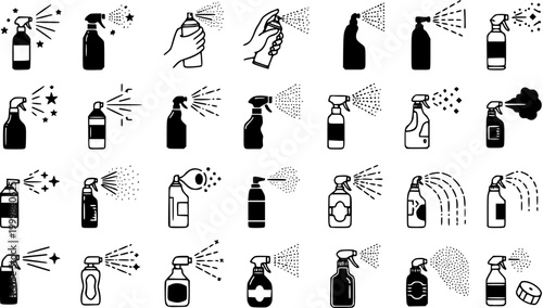 Cleaning and Hygiene Spray Bottle Icons Set. Black  White Line Art Glyph Collection of Household Sprayers, Disinfectant, Cosmetic, and Garden Aerosols.