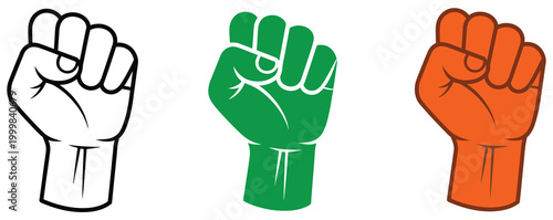 Raised fist icon set in solid and color styles, symbolizing strength, activism, resistance, and collective power, modern vector illustration pack ideal for protest branding, equality movements
