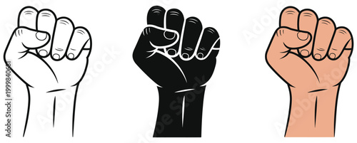 Raised fist icon set in solid and color styles symbolizing protest, power, resistance, unity, and activism, bold vector illustration collection representing social movements, strength, and human right