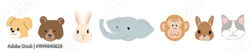 うさぎ、犬、熊、象、猫、リス、猿、色々な動物の顔のベクターイラスト