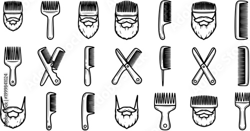 Black and White Line Art Icons of Beard Combs, Scissors, and Beards - Barber Shop Vector Icons