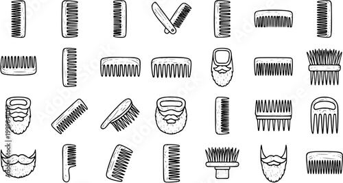 Black  White Line Art Hand Drawn Barber Shop Grooming Tools Icon Set for Hair and Beard Care