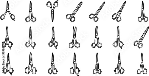 Black and White Line Art of Various Medical Surgical Scissors Vector Set