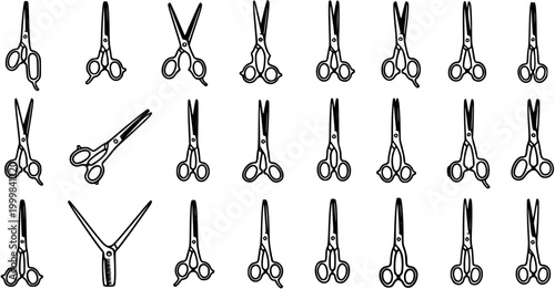 Black and white line art collection of various scissors, illustration for grooming and tailoring