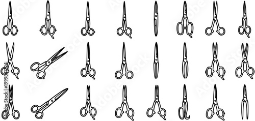 Black and White Line Art Icons of Various Scissors and Shears for Sewing, Hairdressing, Crafting, and Tailoring Projects