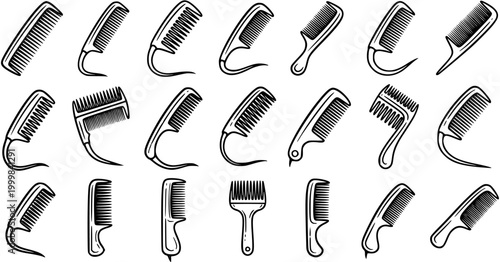 Black and White Line Art Collection of Various Combs for Hairdressing