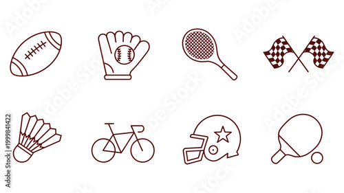 sports equipment and accessories, minimal line vector illustration set featuring balls, rackets, and gear, suitable for fitness websites