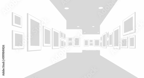 Empty Art Gallery Hallway with Blank Frames on Walls - Perspective View