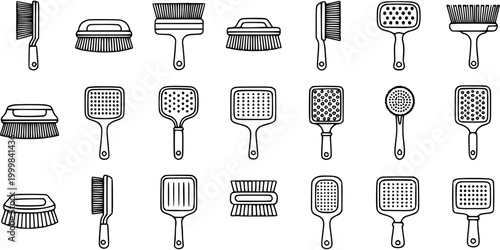 Cleaning Brushes and Scrubbers Icon Set - Black and White Line Art for Household Chores
