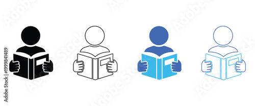 Isometric reading silhouette a person engrossed in a book in multiple styles