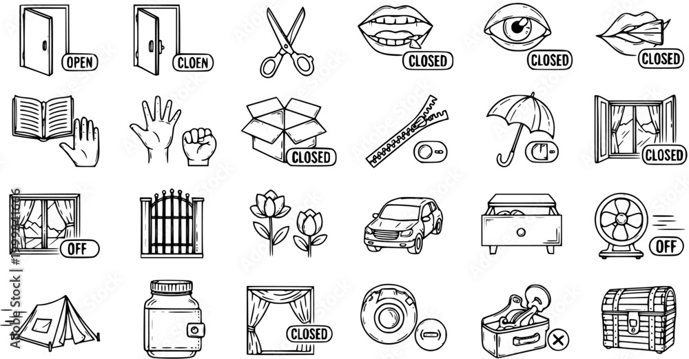 Naklejka premium Black and White Line Art Icons: OpenClosed Doors, Scissors, Mouth, Eye, Book, Hand, Box, Window, Gate, Flowers, Car, Drawer, Fan, Tent, Wallet, Curtain, Zipper, Umbrella, Chest, Music Box, Wheel