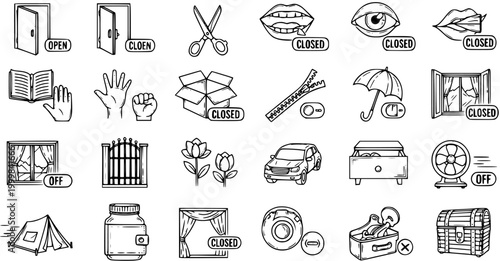 Black and White Line Art Icons: OpenClosed Doors, Scissors, Mouth, Eye, Book, Hand, Box, Window, Gate, Flowers, Car, Drawer, Fan, Tent, Wallet, Curtain, Zipper, Umbrella, Chest, Music Box, Wheel