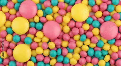 A colorful and vibrant background of small candies and larger gumballs creates a playful and sweet texture.