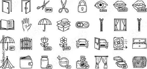 Black and White Line Art Icons: OpenClosed Doors, Scissors, Lock, Eye, Lips, Zipper, Window, Car, Fan, Box, Camera, Tent, Wallet, Jar, Treasure Chest